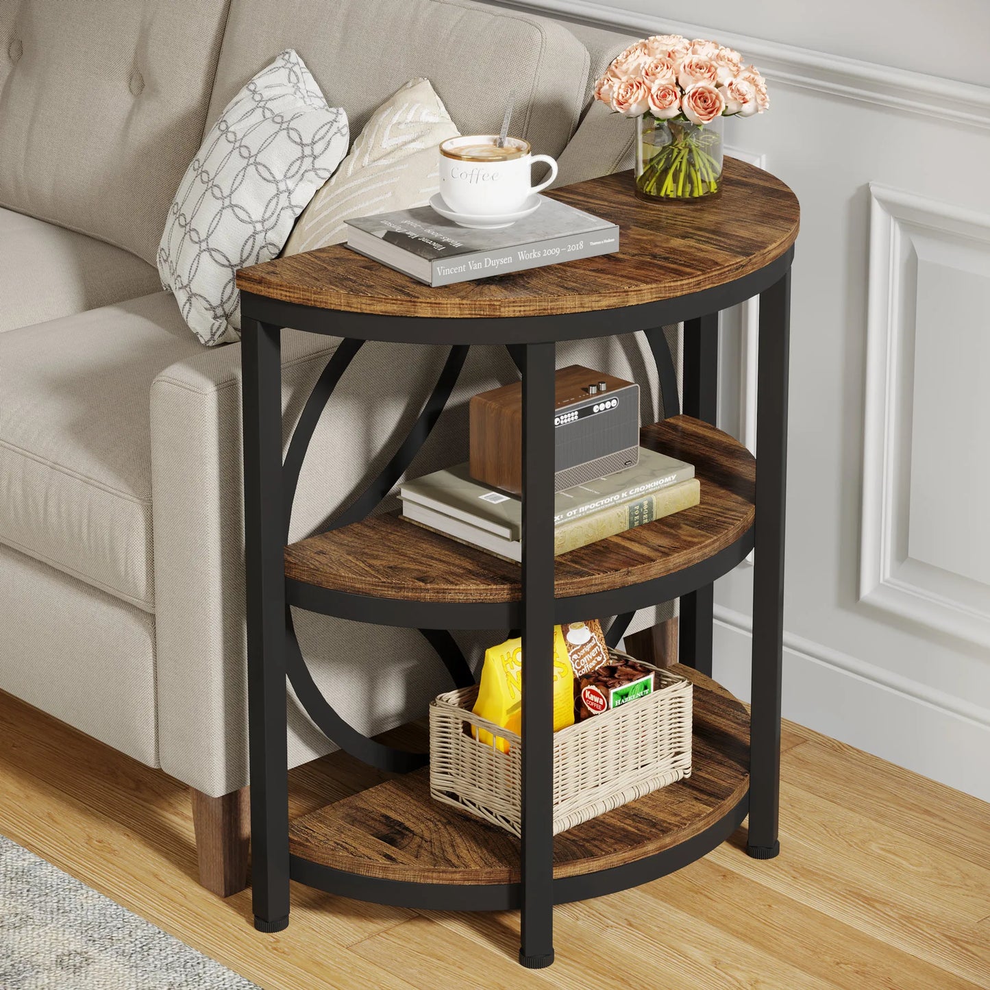 Tribesigns Half Round End Table for Living Room, 3-Tier Half Side Table with Metal Frame, Industrial Table with Storage (Grey and Rustic Brown)