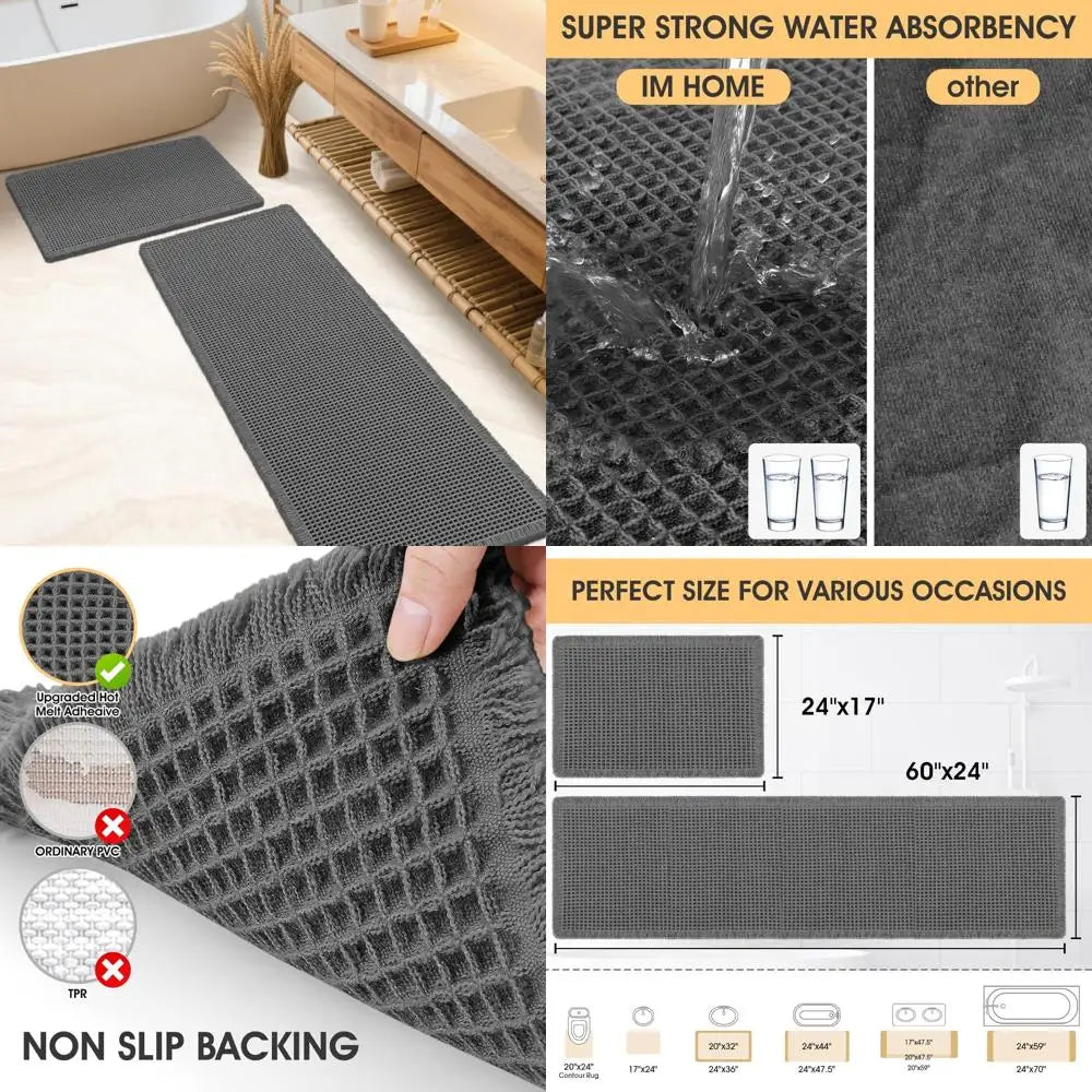 waffle bath mat set 2 piece grey,woven modern bath rug mats, absorbent non slip bath floor mat, soft washable boho bath rugs