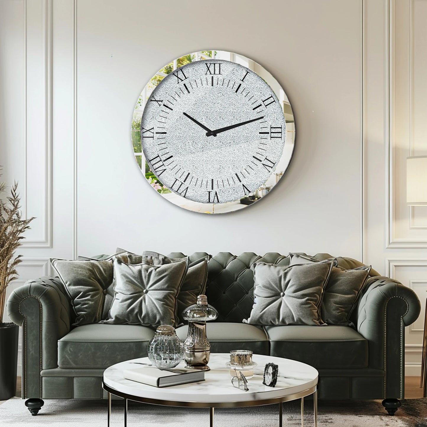 60x60CM Crystal Crush Diamond Mirrored Round Wall Clock for Home Decor Silver Mirror Quartz Clock with Beveled Glass Edging