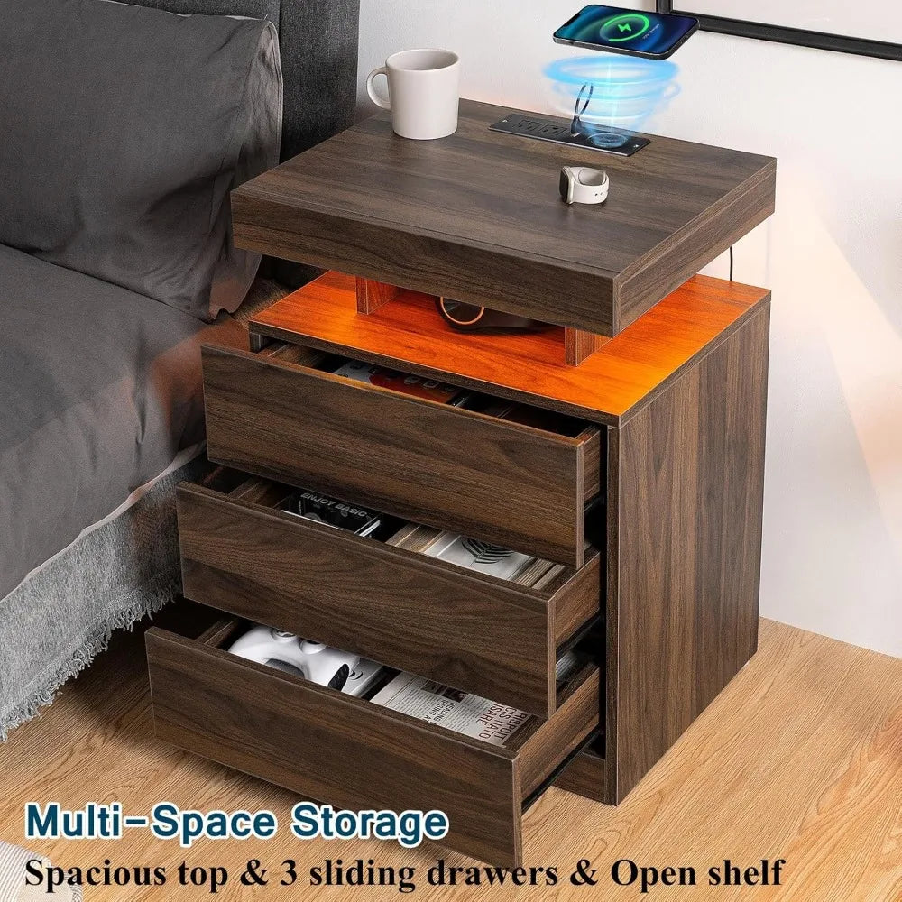 Rustic Brown Nightstand with Wireless Charging Station Walnut Wood LED Bedside Table with 3 Drawers End Table Smart Night Stand
