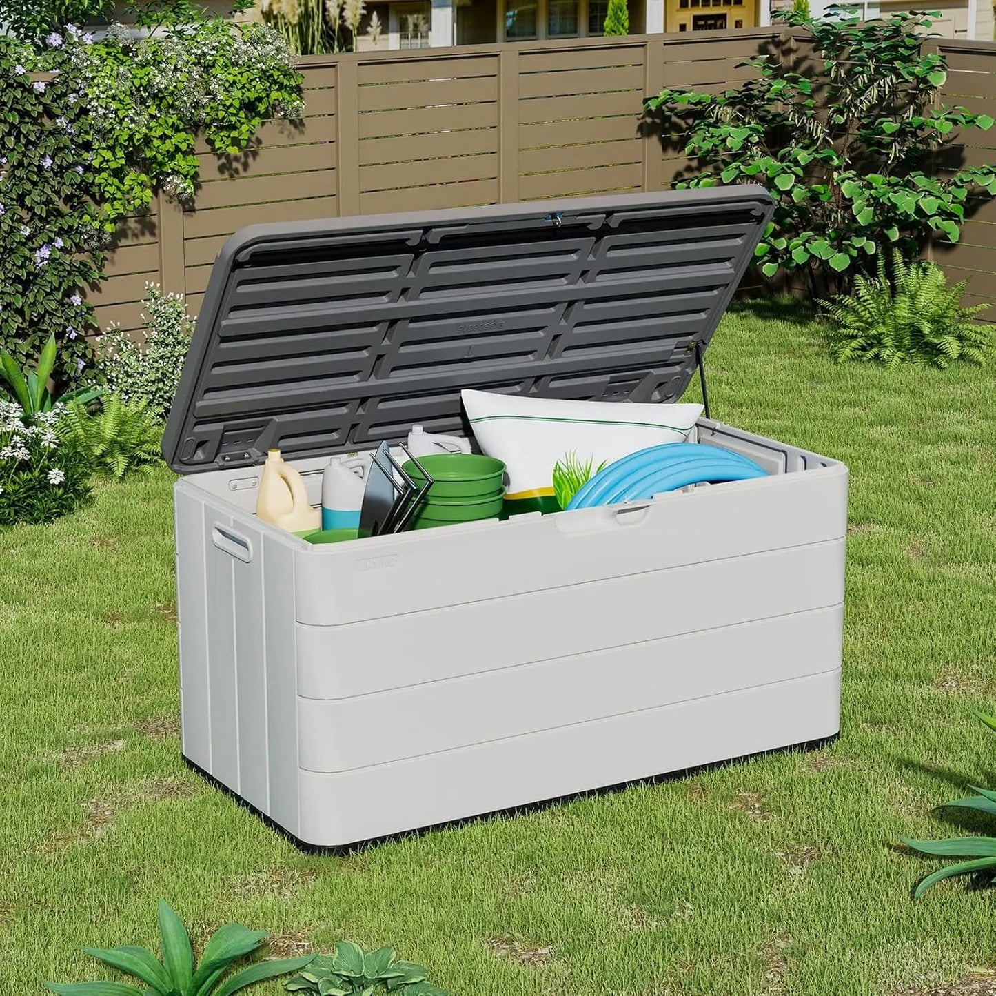 Large Resin Deck Box Lockable Outdoor Garden Storage Box Waterproof Elegant Storage Bench for Cushions Garden Tools