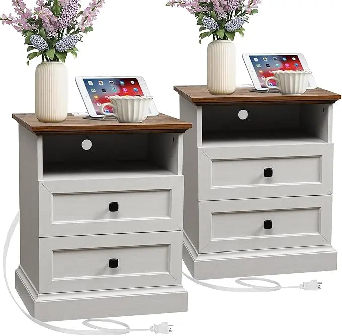 Night Stand Set of 2 with Charging Station, Bedside Table with 2 Drawers Storage and Open Shelf, Wood Farmhouse Nightstands