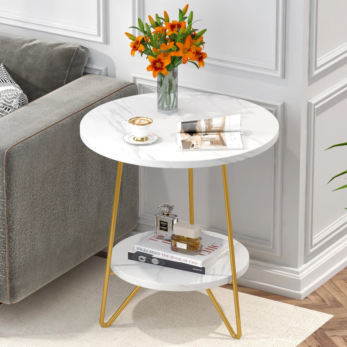 Tribesigns 2 Tier Faux Marble End Table Round Side Table with Shelves Small Coffee Accent Table for Living Room, White and Gold
