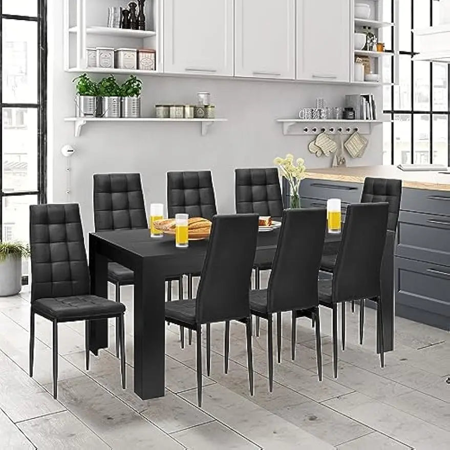 9 Pcs Dining Table Set, Wood Rectangular Table with 8 Upholstered Chairs Set, Modern Kitchen Table Set, Black Dining Room