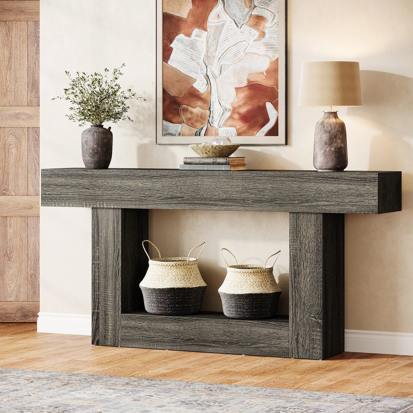 Tribesigns 63" Console Table, Farmhouse 2-Tier Entryway Table with U-Shaped Base, Narrow Long Wood Sofa Table Behind Couch Table (Multiple colors)