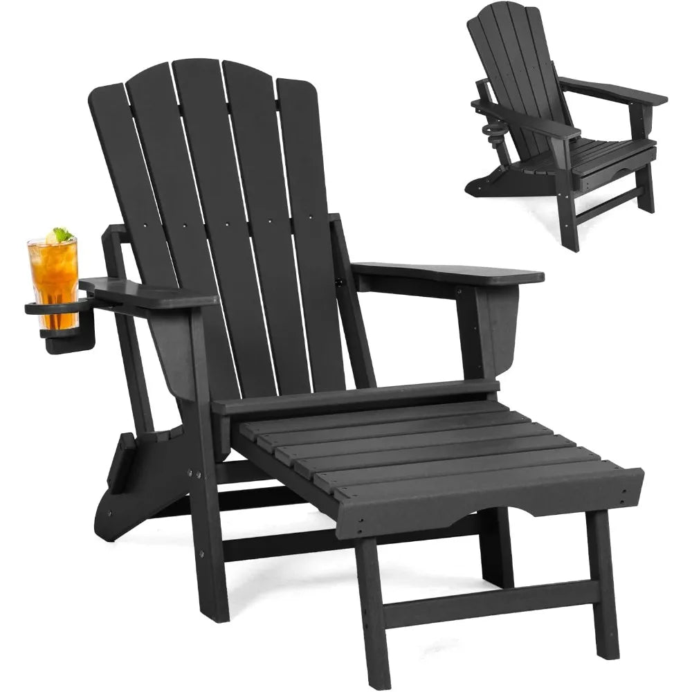 Folding Adirondack Chair with Retractable Ottoman, All Weather Fire Pit Chairs with Cup Holder, Outdoor Chair with Ottoman, Black