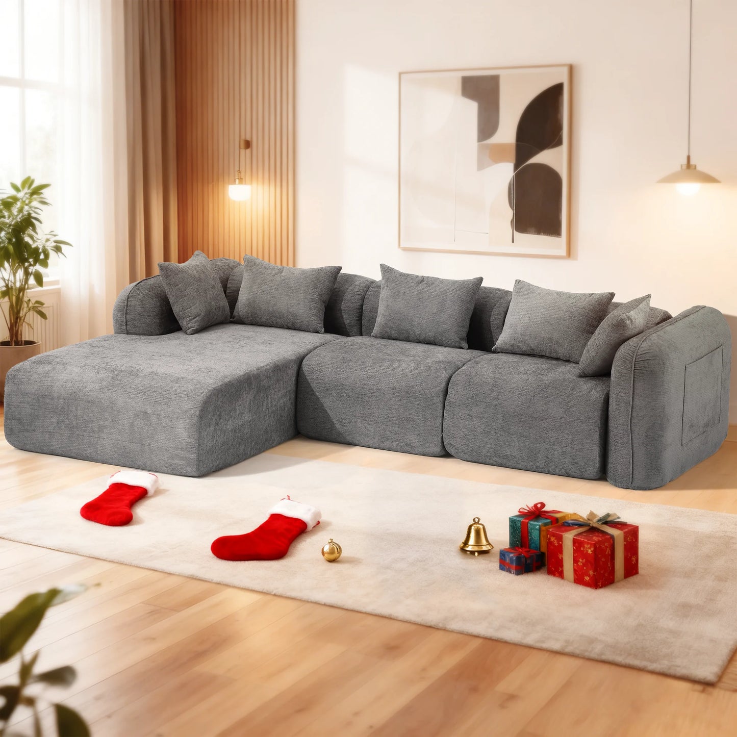 Redlife Sherpa Modular Cloud Sofa | Beige Fluffy Sherpa Deep Seat No-Assembly Sectional Couch for Small Living Room (Multiple colors)