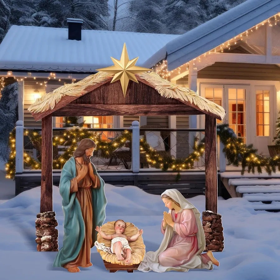 Large Outdoor Christmas Nativity Scene Holy Family Decoration Set Made of Weatherproof PVC for Front Yard and Lawn