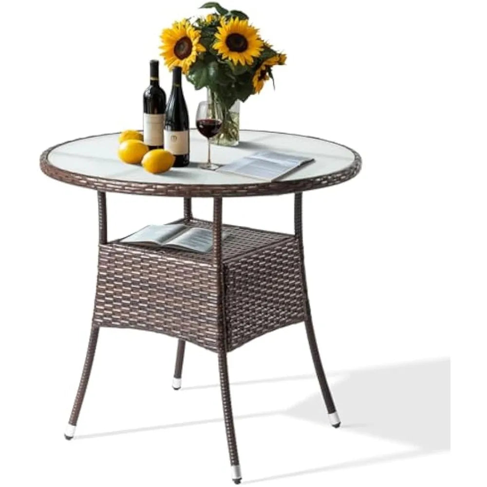 32" Outdoor Dining Table, Wicker Round Patio Table Tempered Glass Patio Dining Table Outdoor Table for Balcony Garden Deck