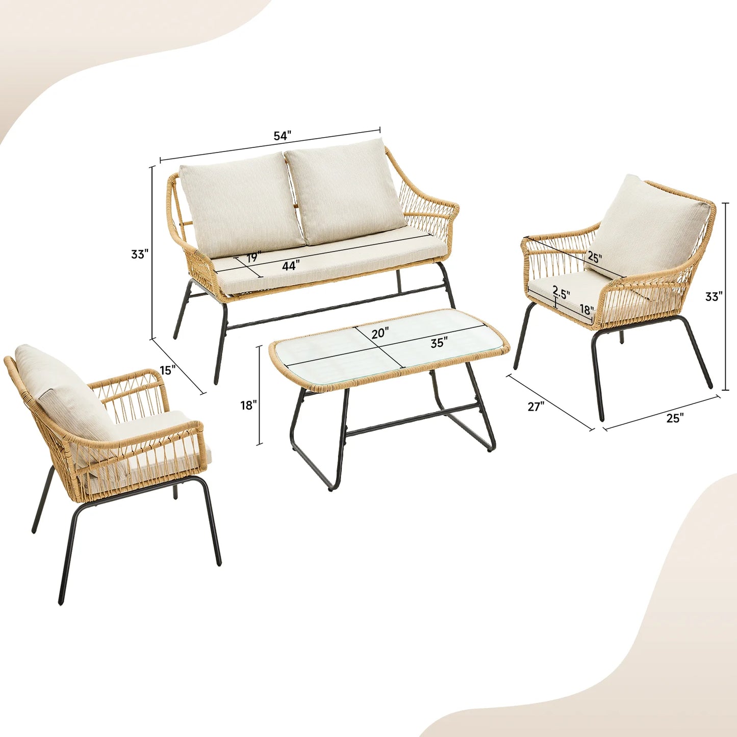 4 Piece Patio Wicker Loveseat Sets, & End Table, 2 Outdoor Rattan Chairs with Glass Top Table Boho Patio Furniture Set for Garden