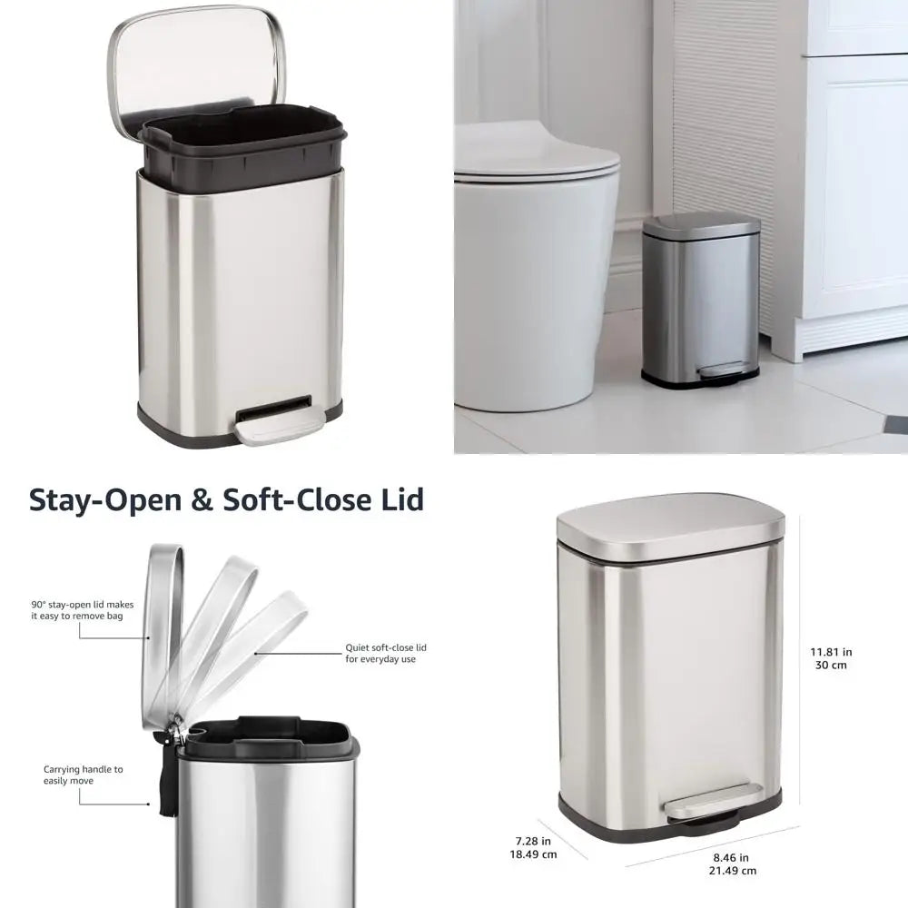 amazon basics smudge resistant mini rectangular trash can with soft-close foot pedal, brushed stainless steel, for bathroom