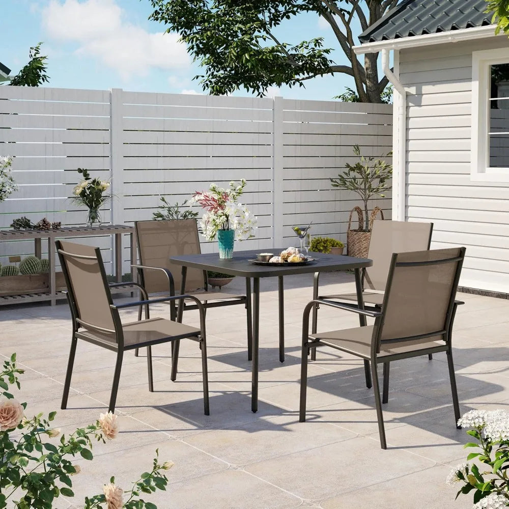 5 Pieces Outdoor Dining Set, Patio Furniture Set of 4 Textilene Chairs with Square Metal Slatted Table with Umbrella