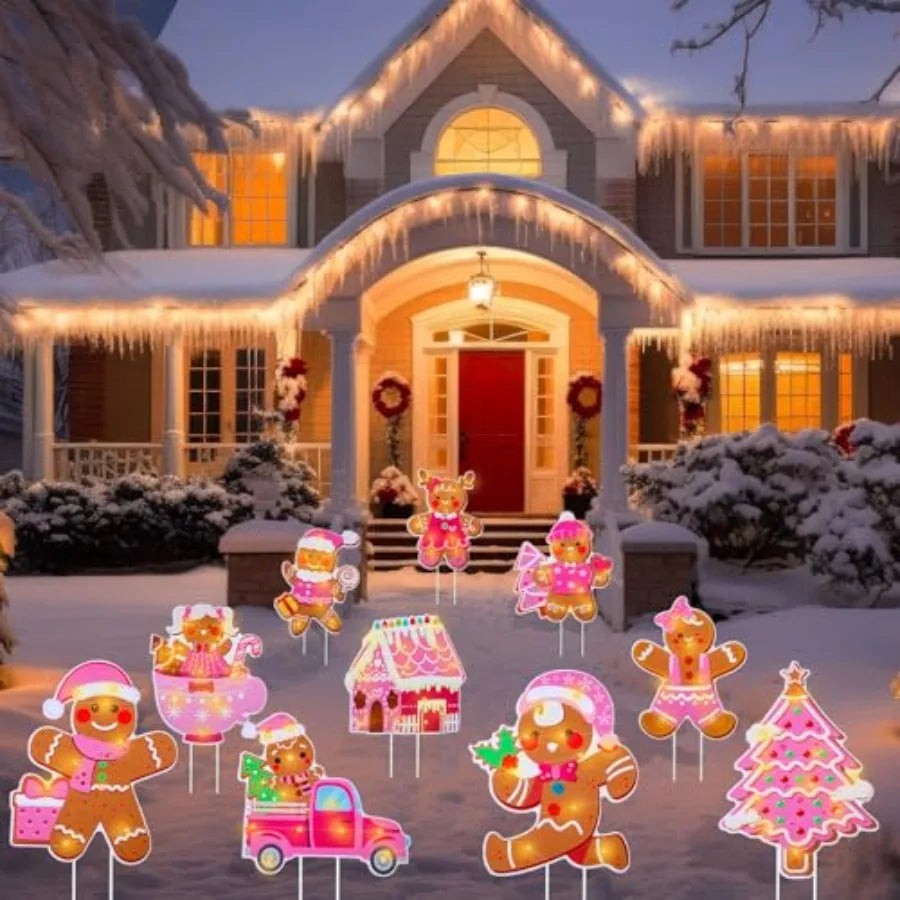 10 Pcs Pink Christmas Gingerbread Man Yard Signs with Stakes Light Up Outdoor Holiday Decorations for Lawn Garden Pathway House