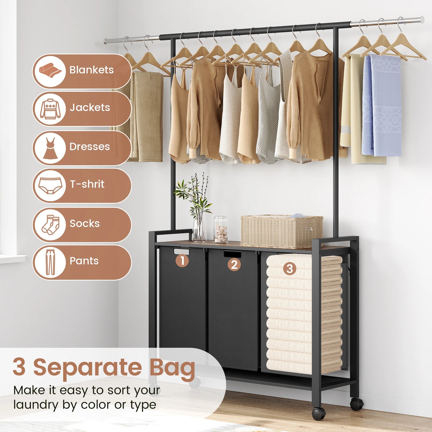 2/3 Section Laundry Hamper Sorter with Clothes Hanging Rod and Wooden Storage Shelf 2/3 X 13 gal Laundry Basket Organizer