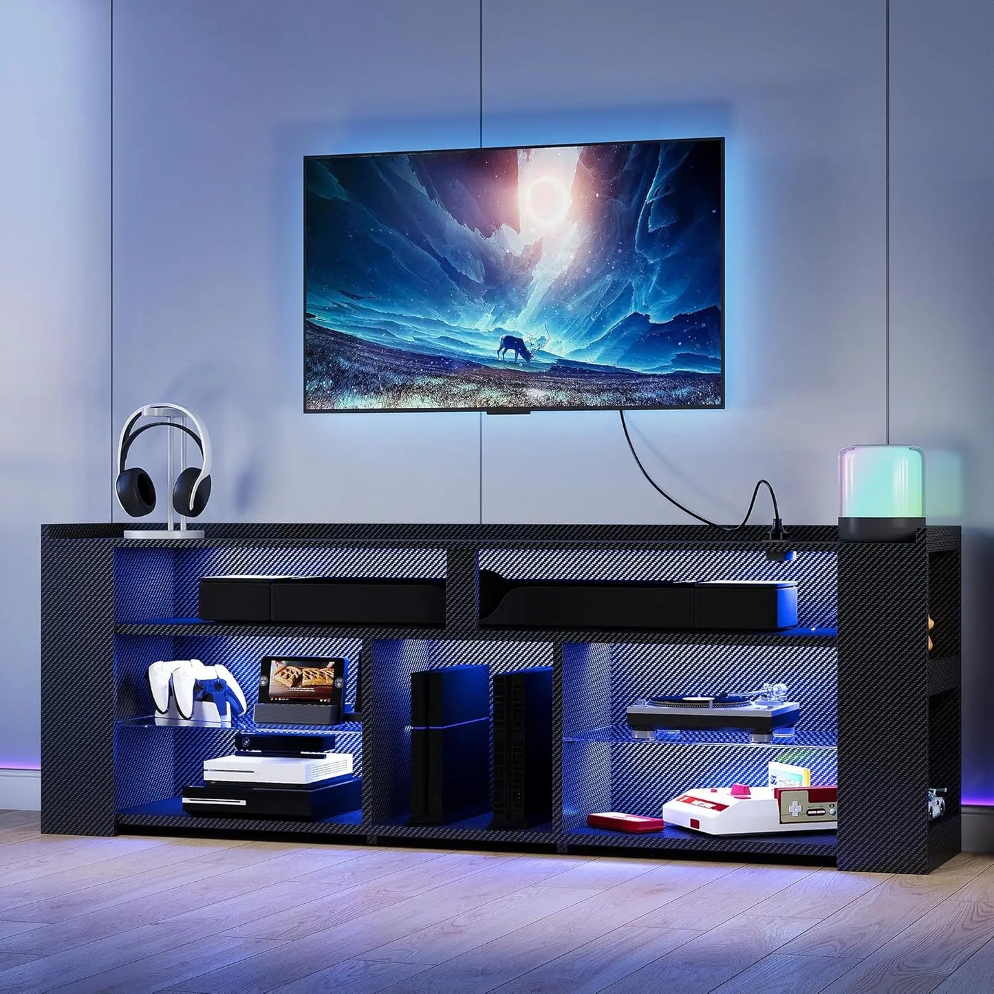 IRONCK Entertainment Center with Storage, LED Gaming TV Cabinet for PS4, 70.9 Inch Tall TV Stand with Power Outlet, Black