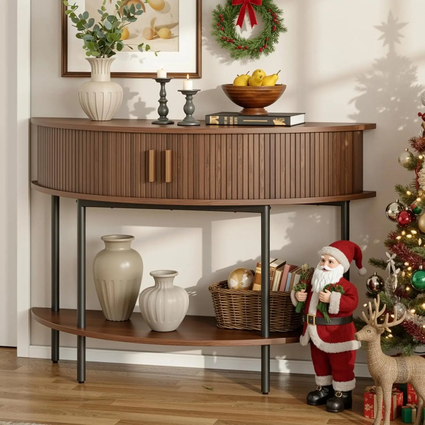 Fluted Half Moon Console Table Storage Narrow Sofa Entry Hallway Living Room Walnut, Customized