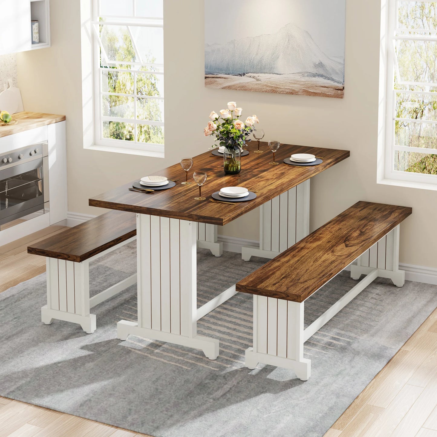 Tribesigns 47" Small Dining Table Set for 2, 3-Piece Kitchen Table with 2 Benches, Farmhouse Wood Dinner Furniture