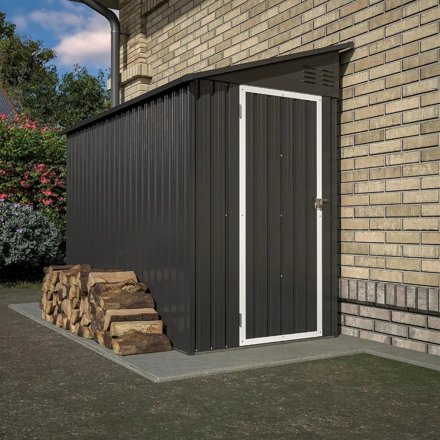 4' x 8' Metal Wall Side Storage Shed for Outdoor Use in Garden Backyard and Patio Durable Black Outdoor Storage Cabinet