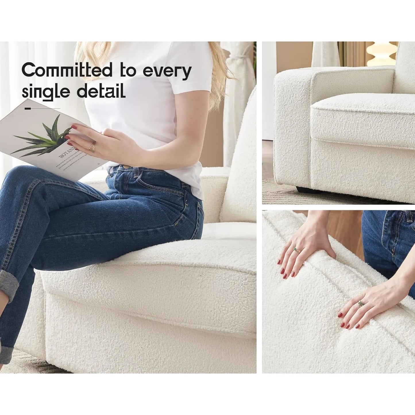 89in Comfy Couch with Cup Holders & USB Charging Ports, Offwhite Bouclé Couch- Deep Seat Sofa Couch for Living Room