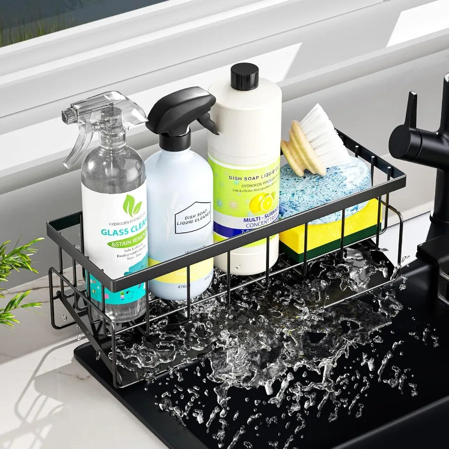 Sponge Holder Kitchen Sink for Kitchen Sink with Stainless Steel Auto Drain Tray Self Drain Dish Soap Sponge Caddy Rack for Kit