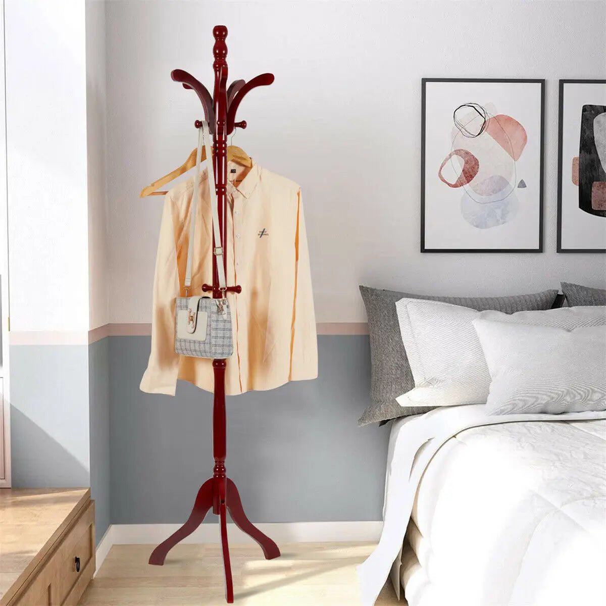 Solid Birch Wood Coat Racks Stand Floor Standing Hanger Rack with Tripod Base for Purse Clothes Hat Umbrella Jacket Coat