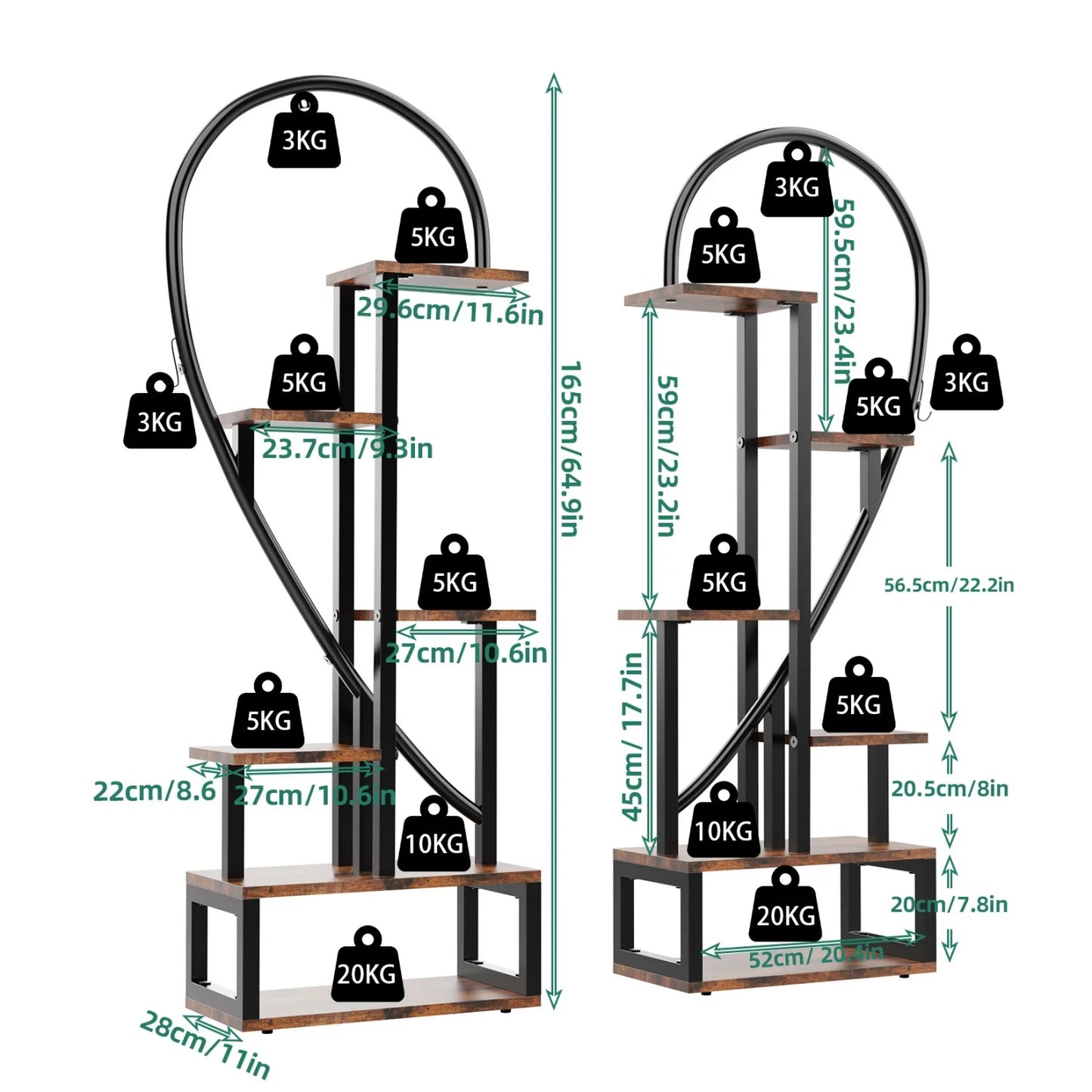 2PCS Metal Plant Stand 6 Tier Creative Half Heart Shape Ladder Shelf Flower Potted Display Rack for Indoor Outdoor