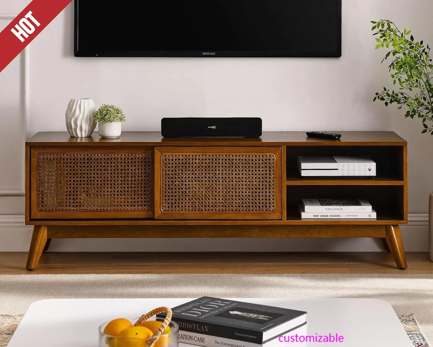 59 InchTV Stand with Rattan Doors, Entertainment Center Media Console for 55/60/65 inch TV, Boho/MCM Television Stand