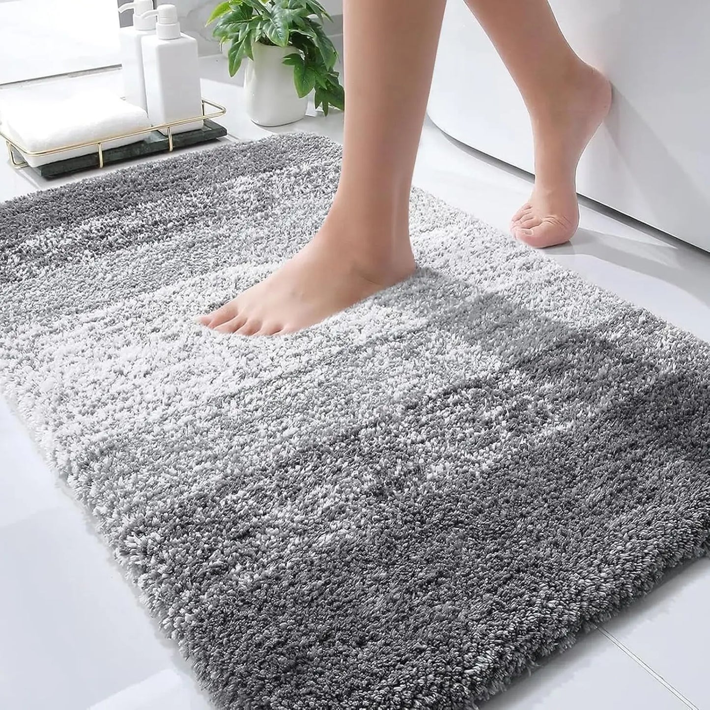 Grey Plush Bath Mat Set 30x20, Super Absorbent Machine Washable Rug with Non-Slip Rubber Backing for Bathroom Floor Safety