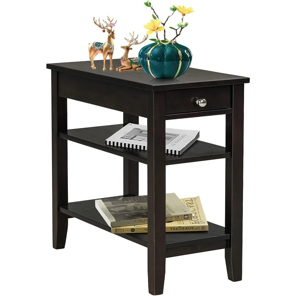 End Table with Drawer, Narrow Side Table with 2-Tier Open Storage Shelves, Slim Side End Table Compact Nightstand Bedside