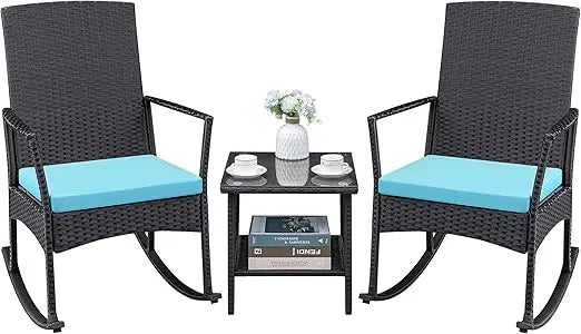 3 Pieces Patio Furniture Set Outdoor Wicker Rocking Chairs with Glass Coffee Table for Garden Backyard Porch Poolside, Beige, Red and Blue