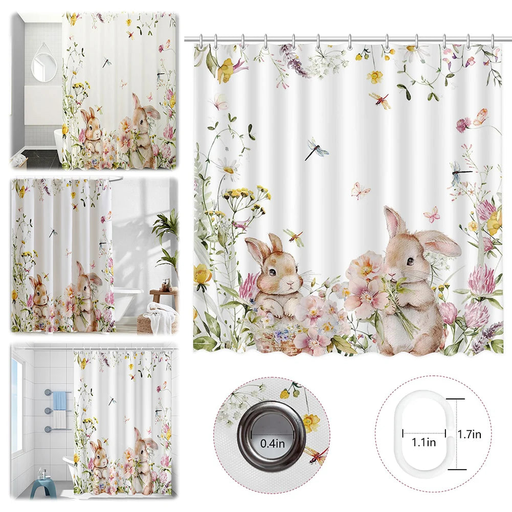Cute Rabbits Floral Plant Bathroom Curtain 180x180cm with 12 Hooks Bathtub Curtain Polyester Floral Shower Curtain Easter Decor