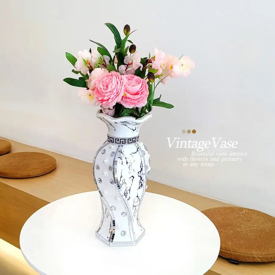 Decorative Vase,Silver Flower Vase for Home Decor with Rhinestone,30 cm Luxury Ceramic Vase for Centerpiece,Living Room,Bedroom and Bathroom.