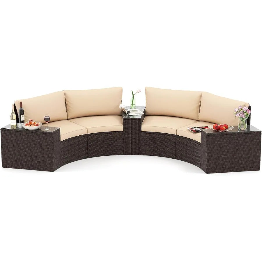 5 Pieces Patio Furniture Set with PE Rattan HalfMoon Curved Sectional Sofas and Tempered Glass Top Side Tables for Outdoor