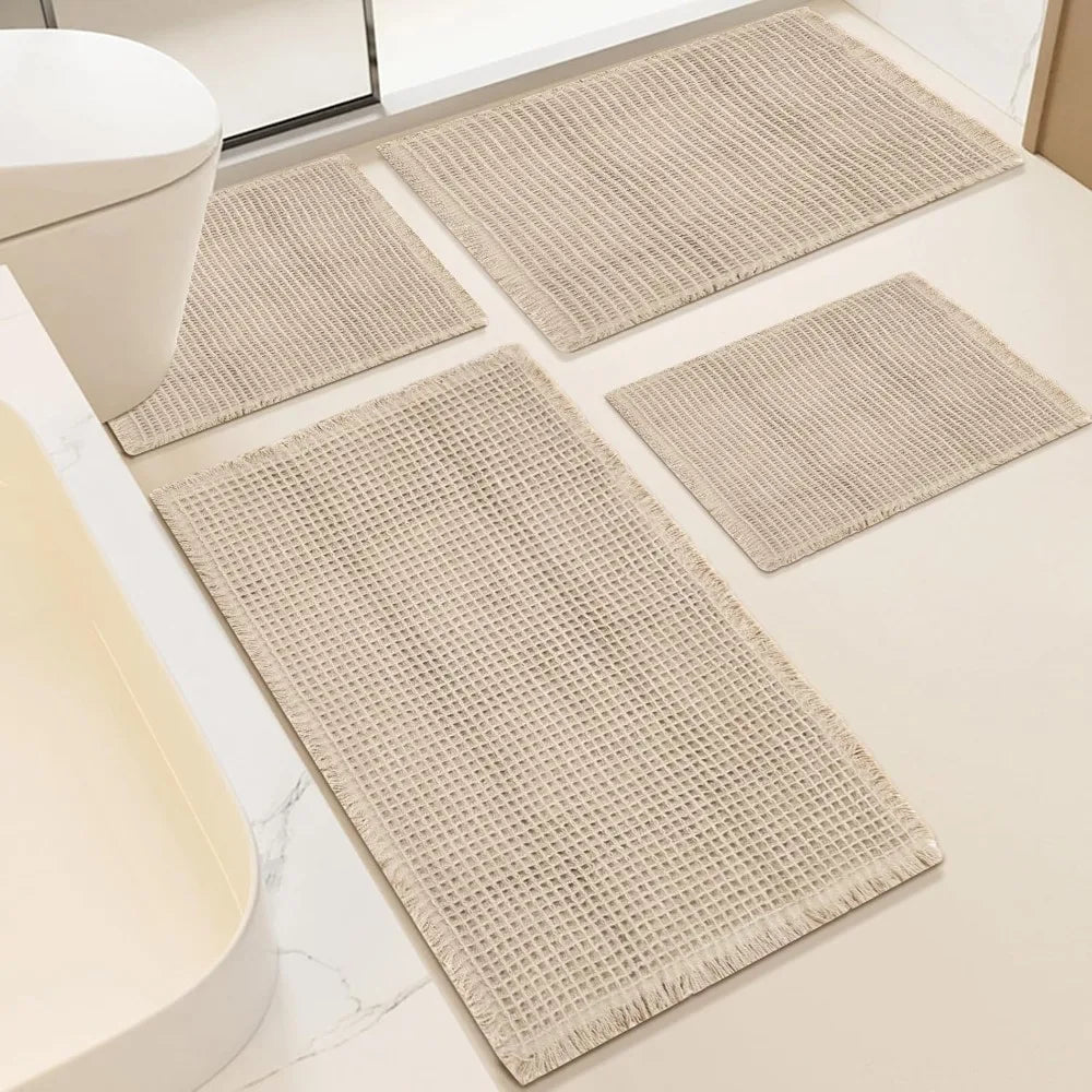 4 Pcs Waffle Bathroom Mat, Non Slip Waffle Bath Mat Quick Dry Rug Runner Thin Bathroom Carpet, Extra Soft Rugs Sets
