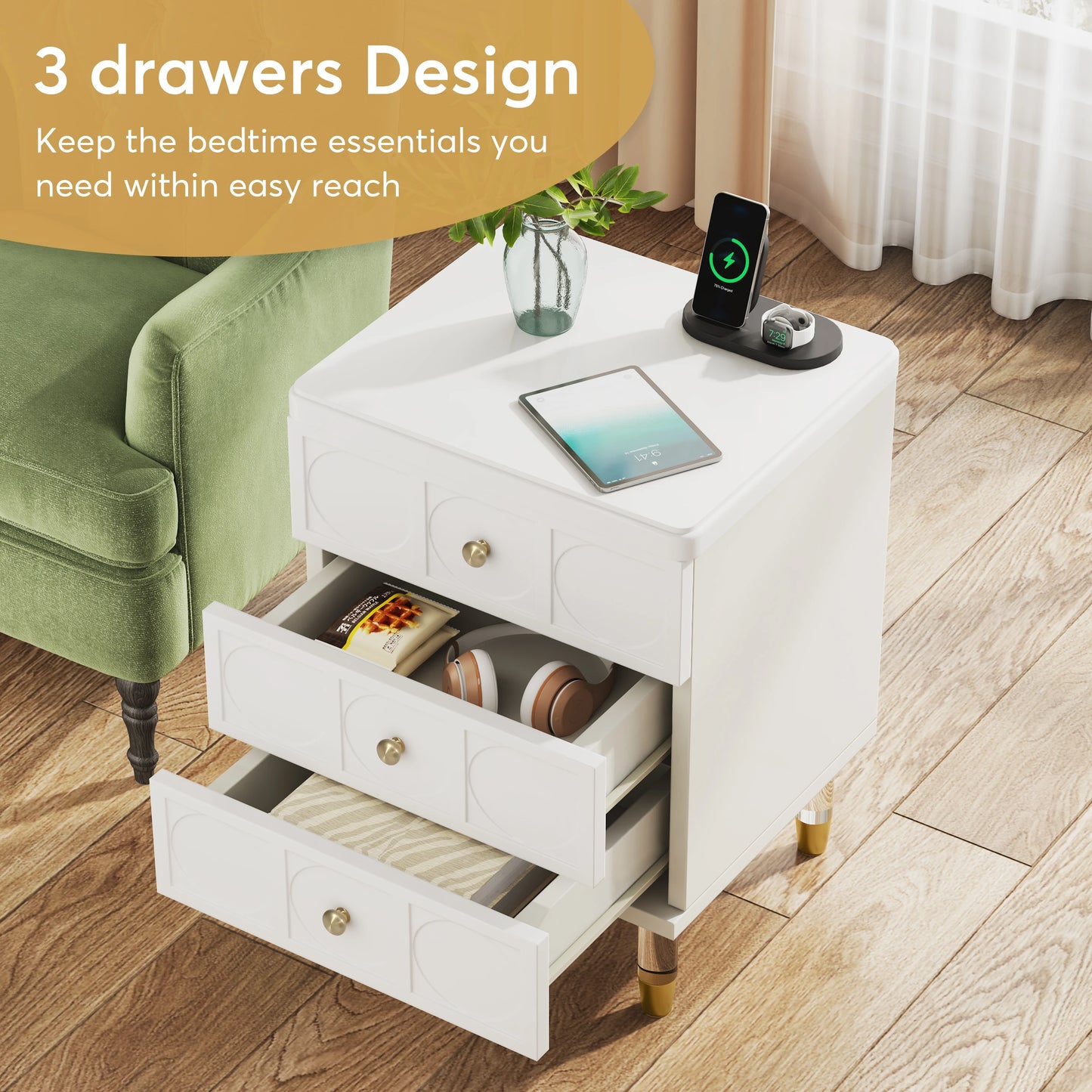 3-Drawer Nightstand Tall White and Gold Bedside Table with Drawers, Versatile Modern White Night Stand with Storage