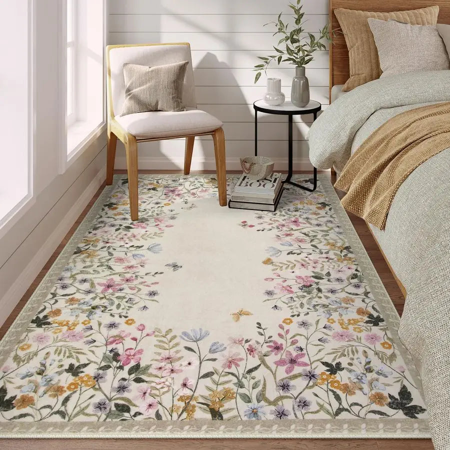 Washable 4x6 Rug for Bedroom, Floral Print Area Rug for Living Room, NonSlip Entryway Throw Mat, Low Pile Botanical Area Rug