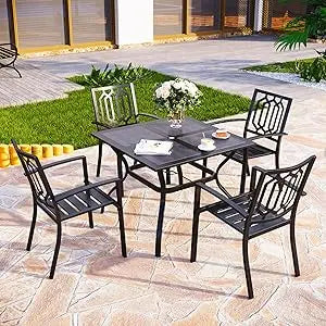 Patio Dining Set Wrought Iron Outdoor Table and Chairs Furniture Set 5 Piece, 37" Square Bistro Table with Umbrella Hole and 4 chairs
