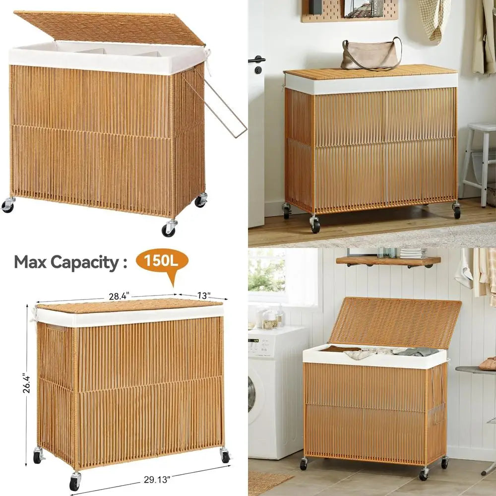 Rolling Laundry Basket with Lid, 160L Capacity, 3-Section Handwoven Hamper with Removable Line for Clothes, Wheeled Organizer