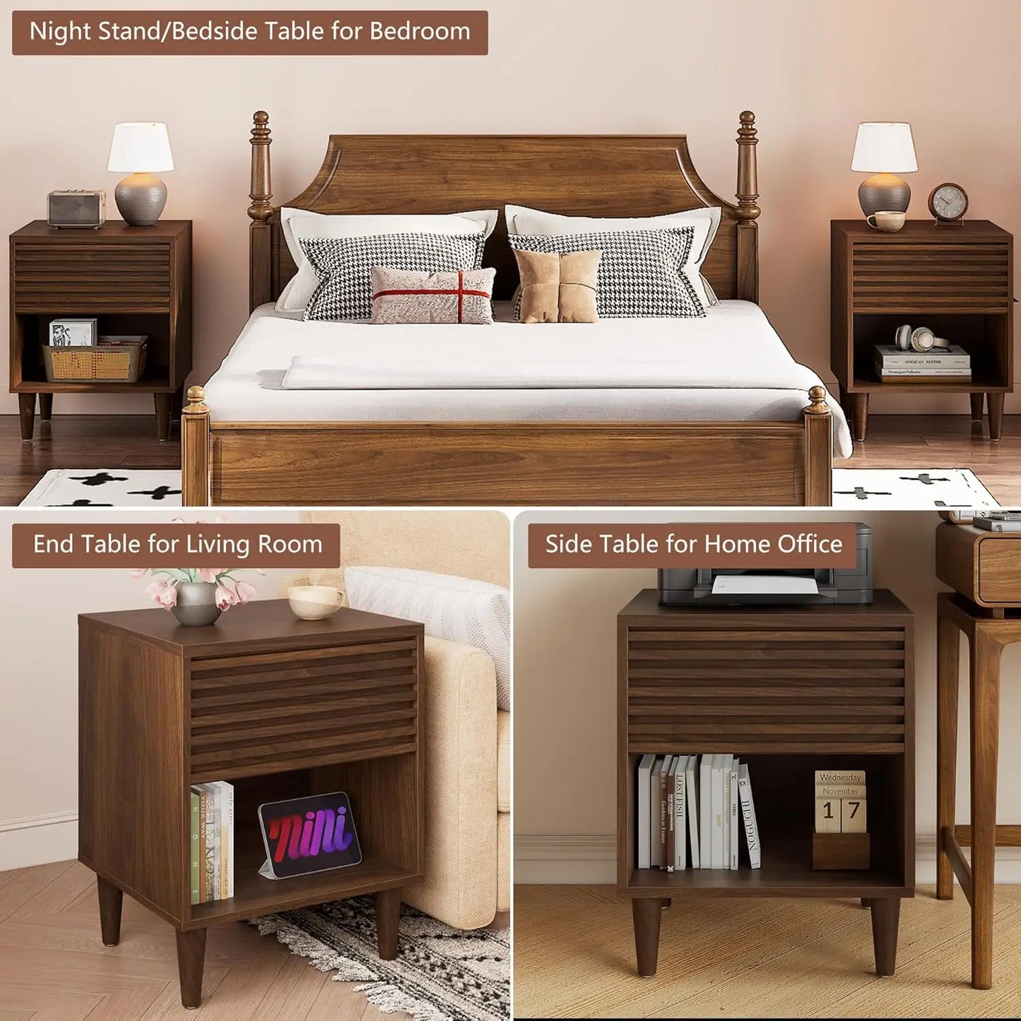 Mid Century Modern Nightstand, Fluted Night Stand, Wood Bedside Table with Drawer and Cube Storage for Bedroom, Side Accent End