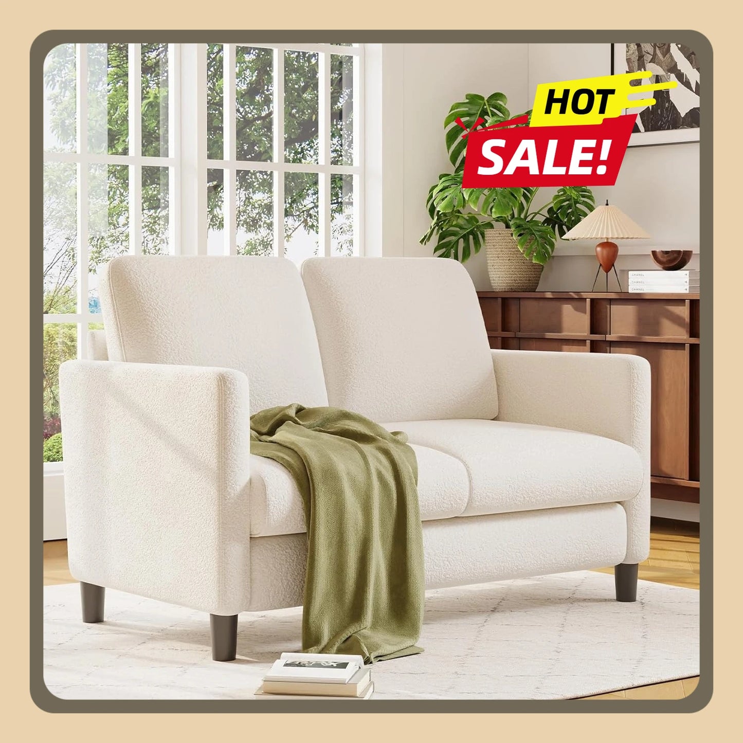 51" Sofa, Small Sofa Couch, Comfy Teddy Love Seat, Beige, No Pillow, Small Spaces, Small Couch for Bedroom