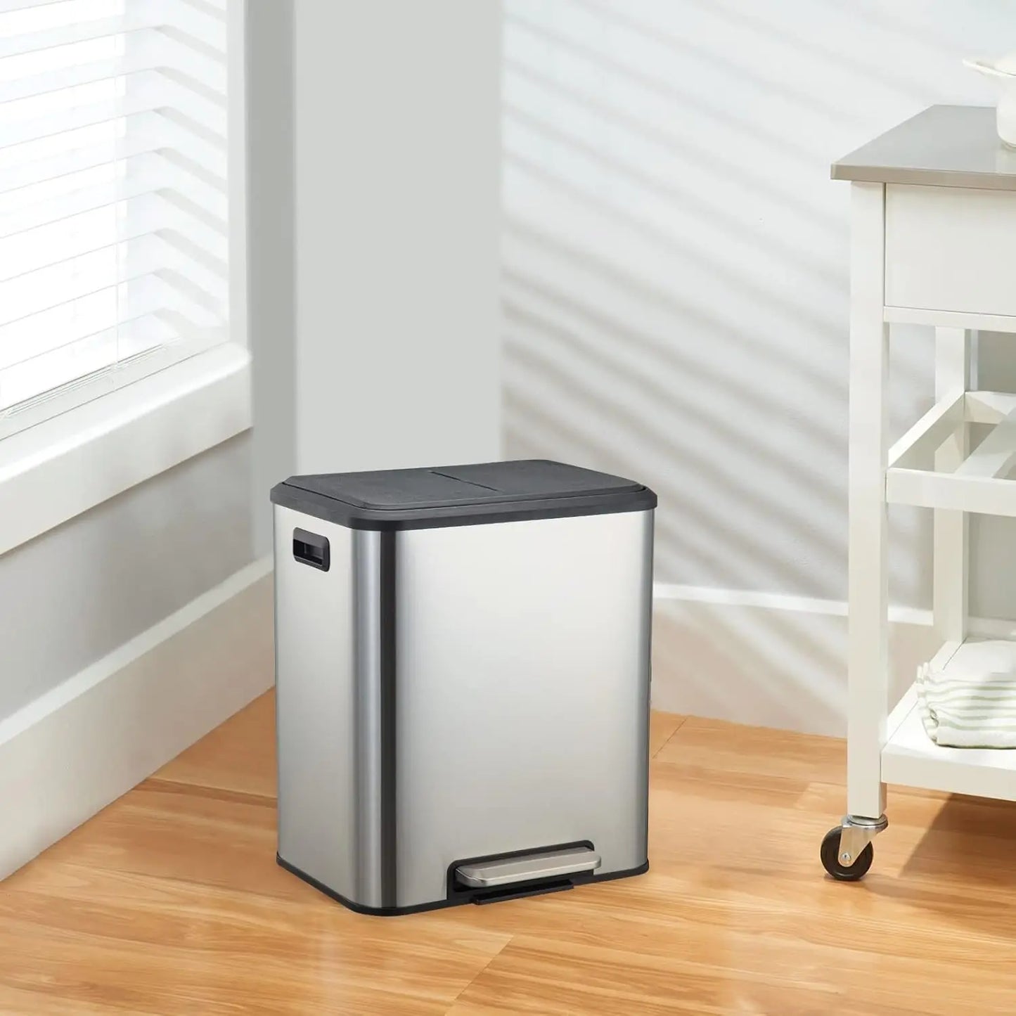 Rectangular Silver Trash Can Stainless Steel 2 x 4 Gal (2 x 15L) Garbage Can Steel Pedal Recycle Bin with Lid and Inner Bucket