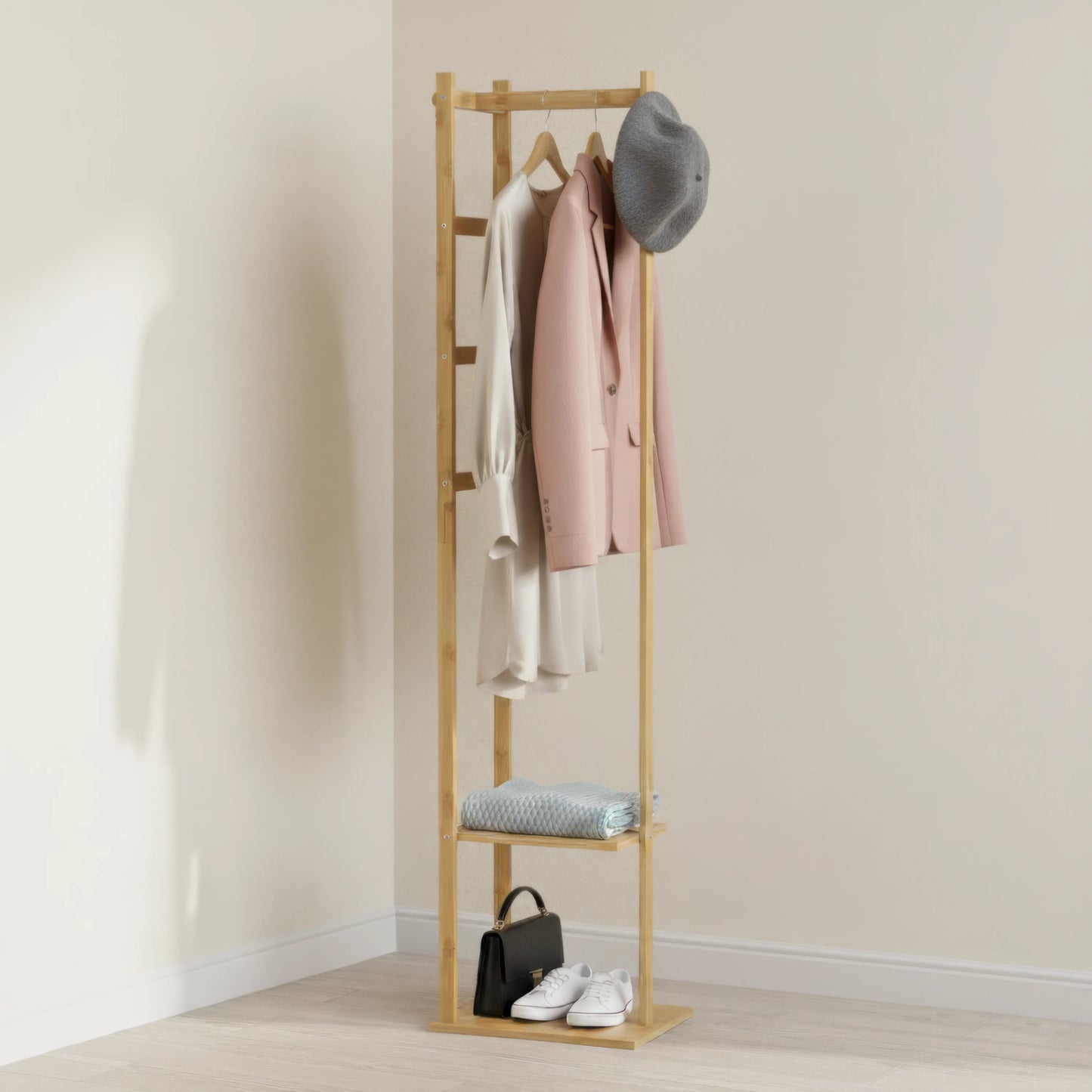 Bamboo Coat Rack Clothes Rack, Freestanding with 2 Shelves and 3 Hooks, Coat Tree for Entryway, Living Room, Coat Hanger Stand