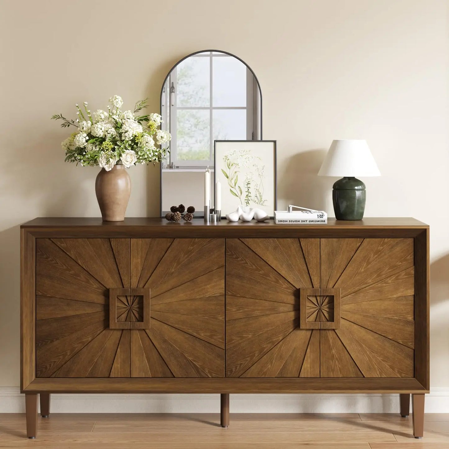 Sideboard Buffet Cabinet with Storage,60" Modern Decorative Accent Cabinet with Sunburst Pattern,Wood Credenza.