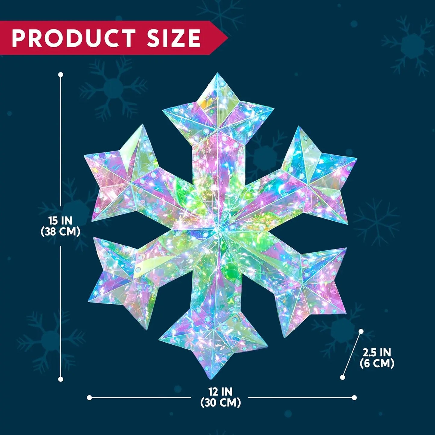 JOYFY 15 in Prismatic Iridescent Snowflake Light Prismatic Christmas Decor 100 LED Cool White Lights for Indoor Christmas Décor