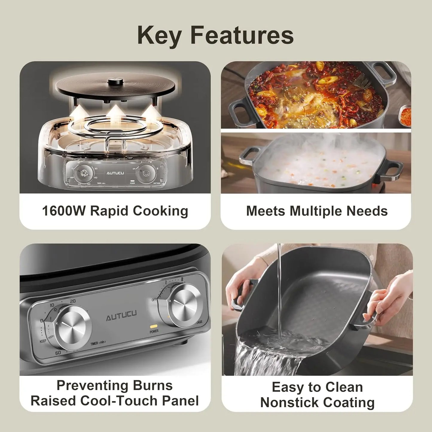 Electric Hot Pot 6-Quart & Multi-Cooker | Non-Stick Electric Skillet with PFOA-Free Ceramic-Coated Pot, 3 Power Settings & Timer