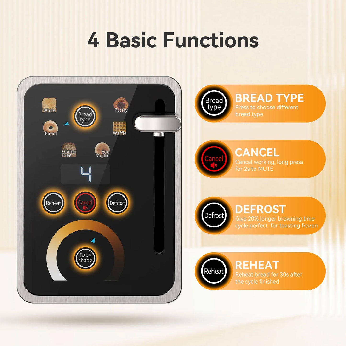 WHALL 2 Slice Toaster, Touchscreen Toasters with Stainless Steel, Wide Slots, Bagel, Defrost, 850W