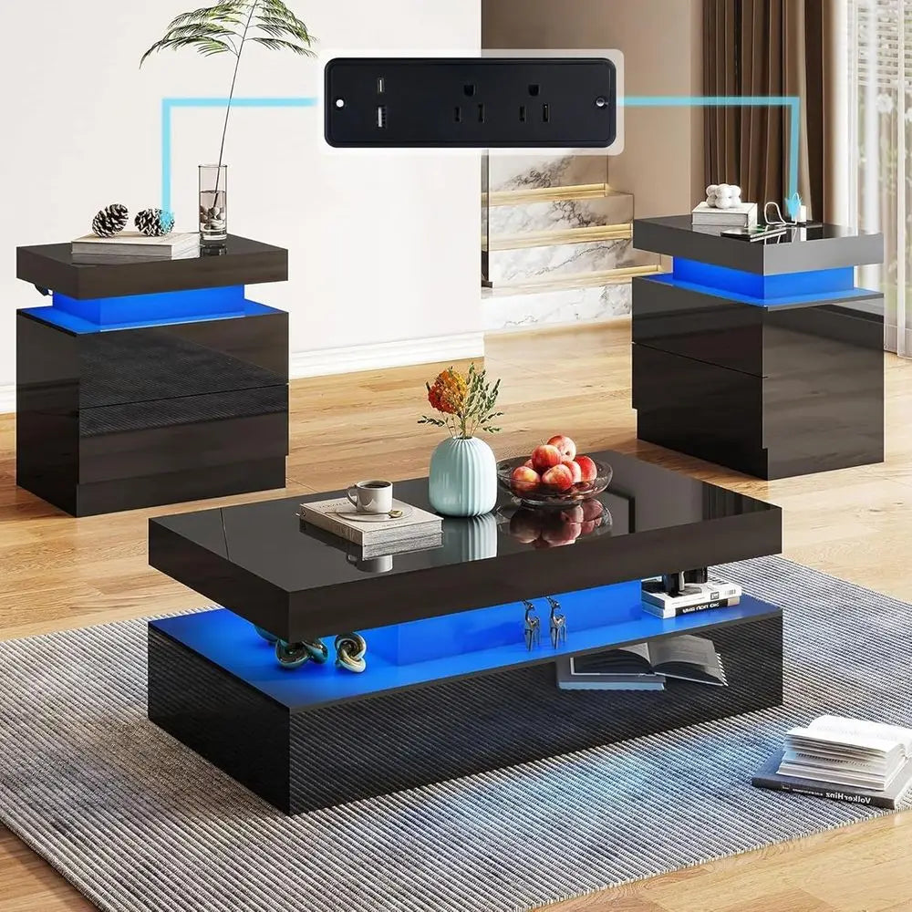 Modern 3-Piece Glossy Living Room Furniture Set: LED Coffee Table & 2 Charging Nightstands in Black