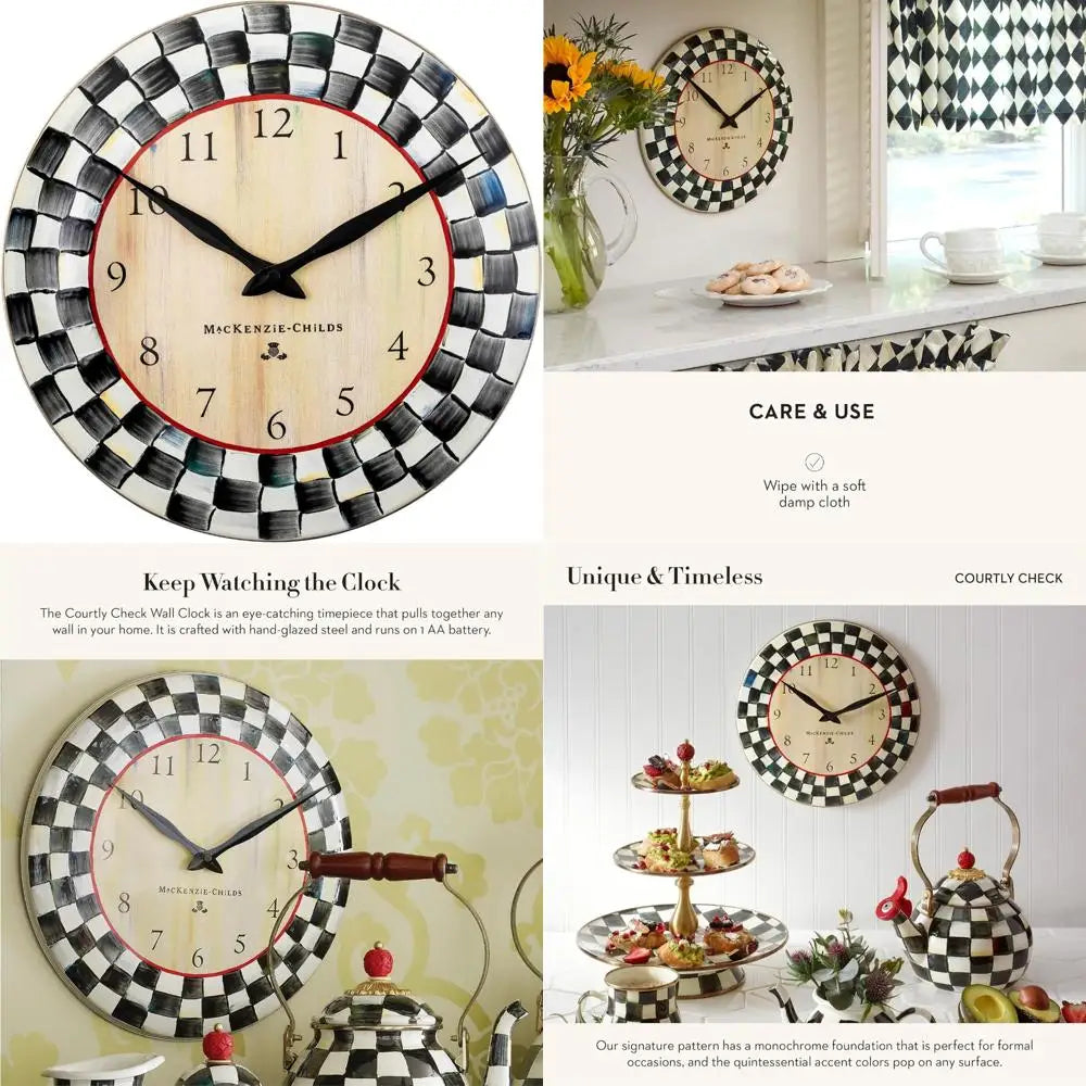 Elegant Courtly Check Wall Clock by Mackenzie-Childs, Perfect for Kitchen and Living Spaces in Black and White