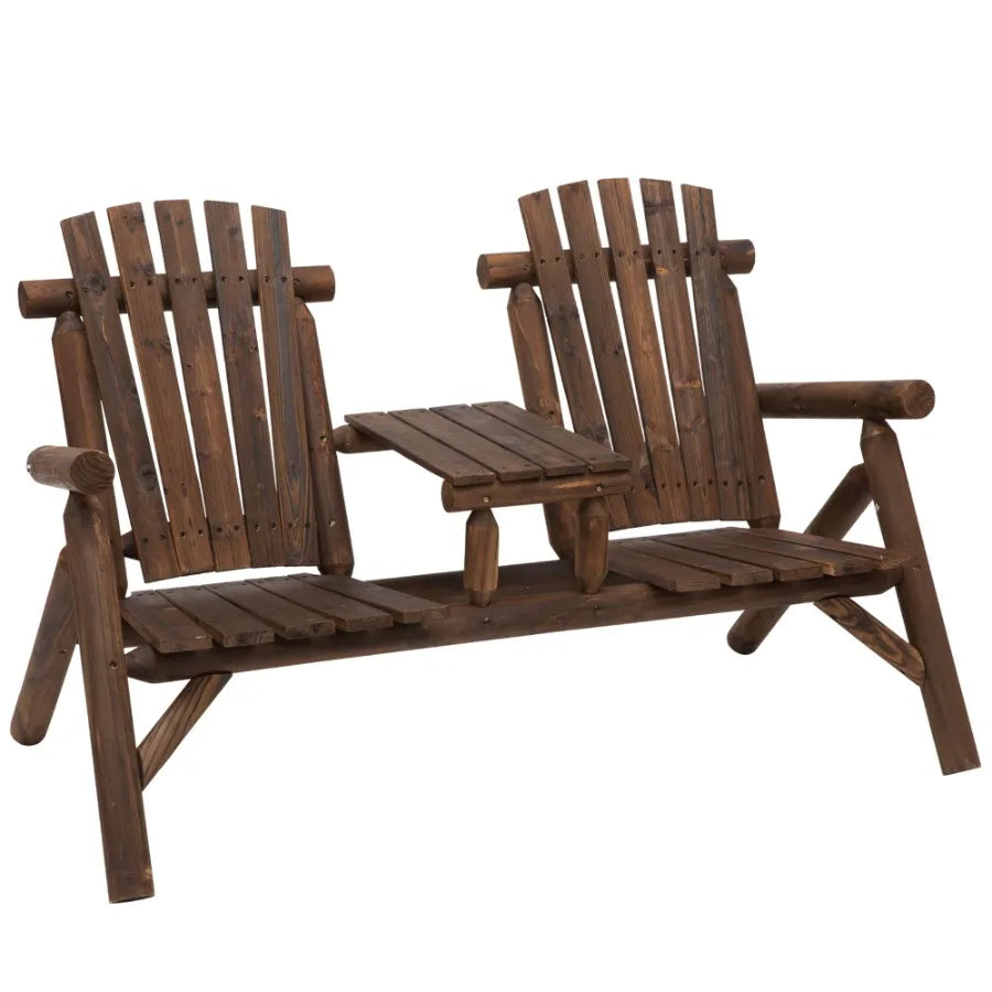 2 Seat Wooden Adirondack Chair Patio Bench with Table Outdoor Loveseat Fire Pit Chair for Porch Backyard Deck Carbonized