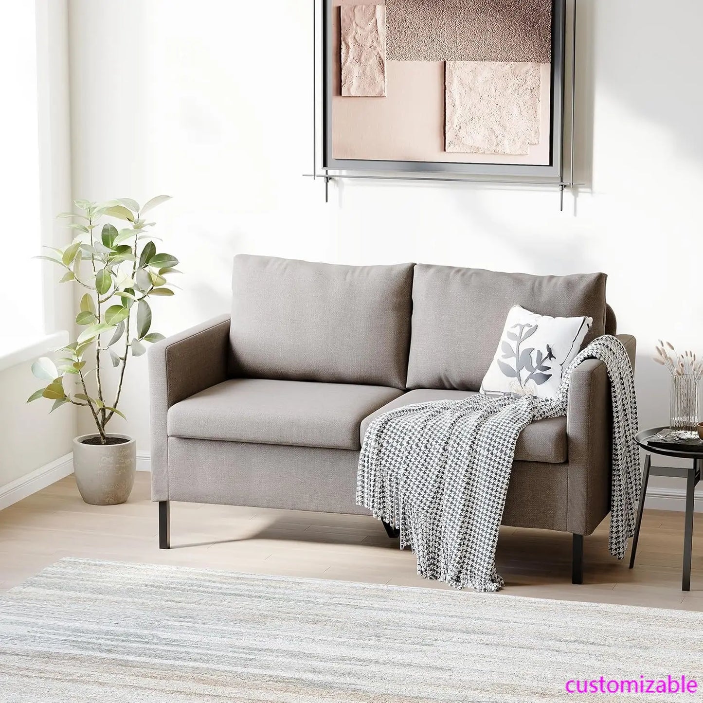 Fabric Modern Small Loveseat Sofa Couch for Living Room, 51 Inch Upholstered 2-Seater Love Seats w/Iron Legs